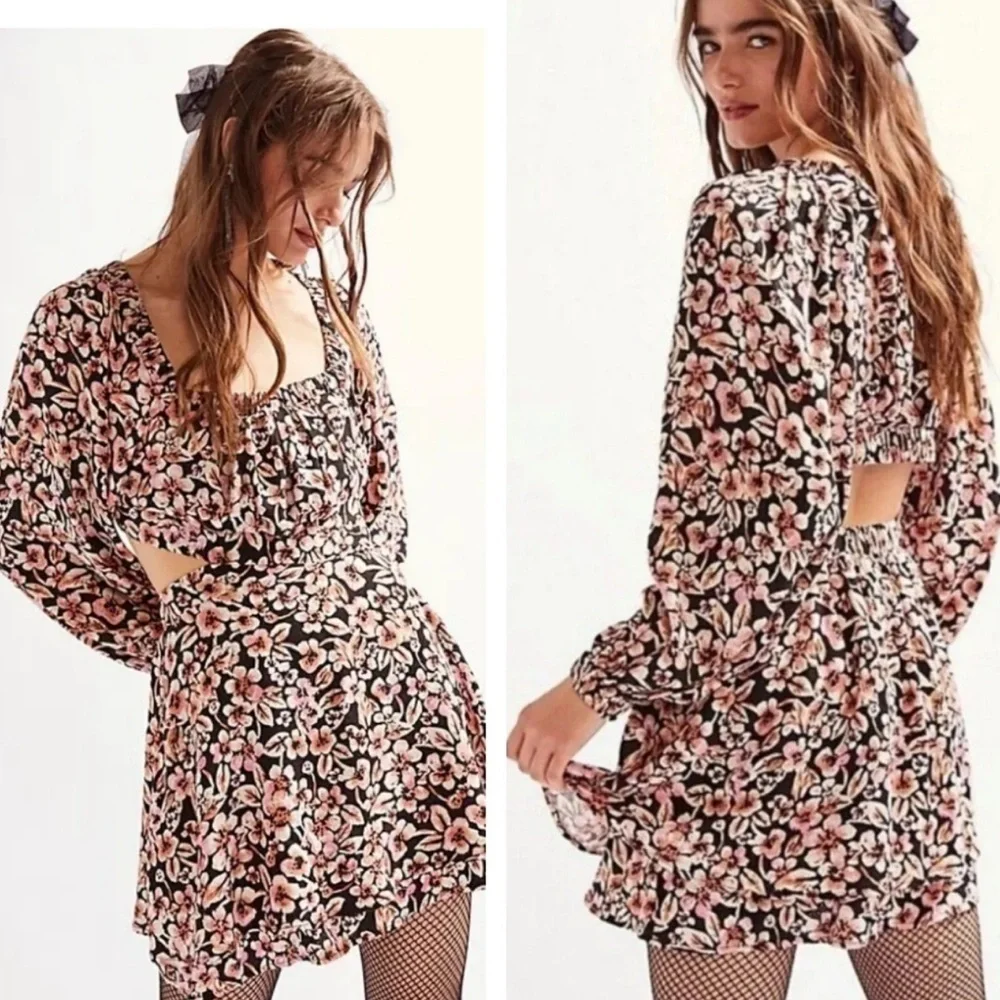 NWT! FREE PEOPLE Jael Printed Mini Dress Medium Floral Black Cutout Boho Puff - Picture 2 of 8